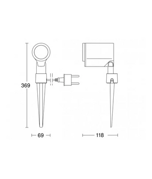 Technische Zeichnung des STEINEL Spot Garden Bodenstrahlers – schwarz von Steinel, ideal für die Gartenbeleuchtung, mit den Maßen: Höhe 369 mm, Breite 69 mm und Tiefe 118 mm. Stecker abgebildet. Geeignet für den Einsatz als LED-Bodenstrahler oder als Spot Garden-Modell.