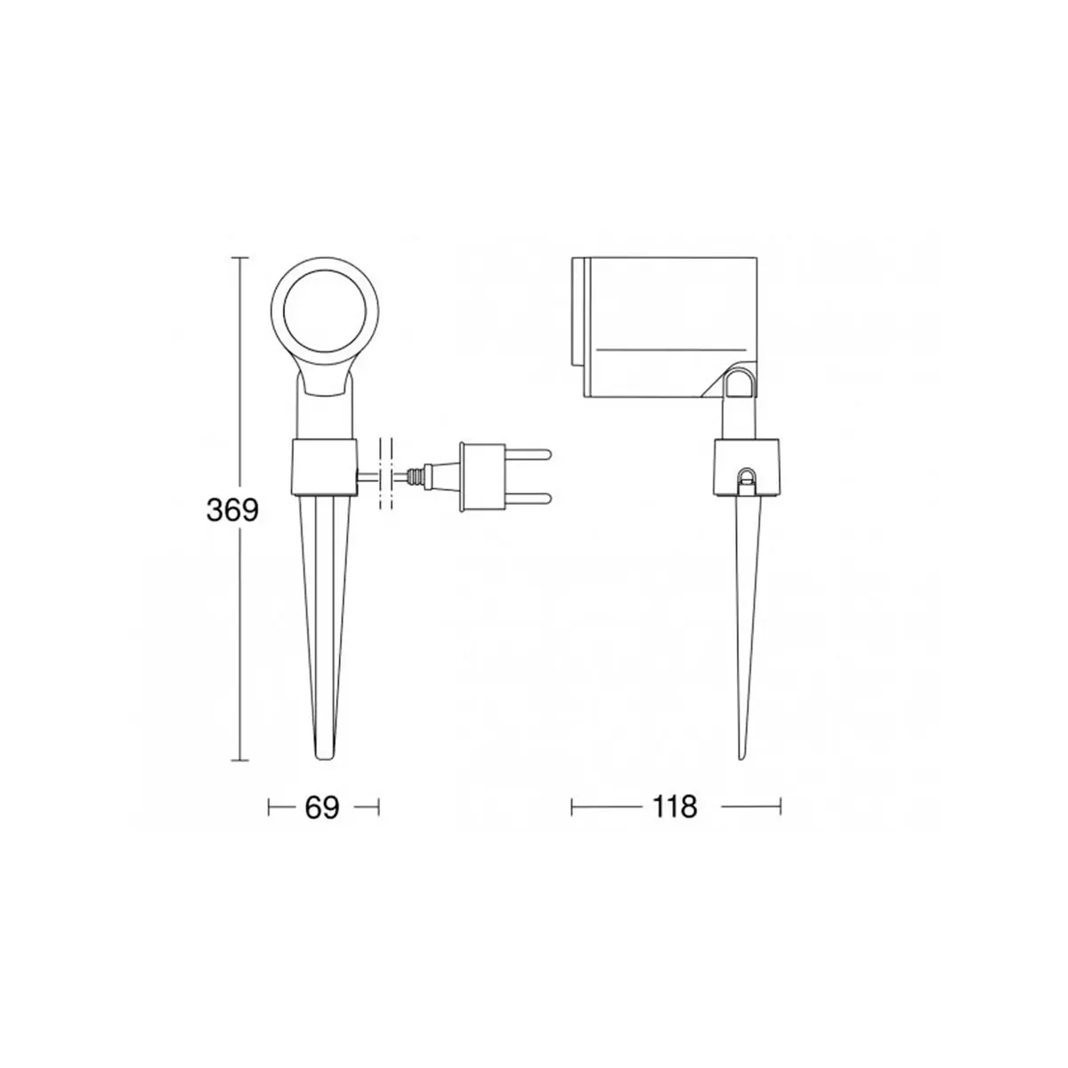 Technische Zeichnung des STEINEL Spot Garden Bodenstrahlers – schwarz von Steinel, ideal für die Gartenbeleuchtung, mit den Maßen: Höhe 369 mm, Breite 69 mm und Tiefe 118 mm. Stecker abgebildet. Geeignet für den Einsatz als LED-Bodenstrahler oder als Spot Garden-Modell.