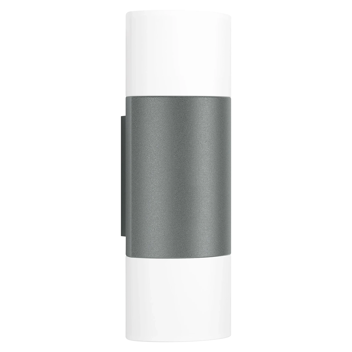 Die Steinel L 910 Außenleuchte – grau ist eine moderne, zylindrische Wandleuchte mit weißem Ober- und Unterteil sowie einem grauen Metallstreifen in der Mitte, die ein elegantes Up- und Downlight-Design bietet. Ideal als LED-Außenleuchte für moderne Außenbereiche.