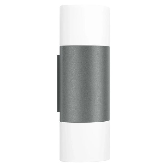Die Steinel L 910 Außenleuchte – grau ist eine moderne, zylindrische Wandleuchte mit weißem Ober- und Unterteil sowie einem grauen Metallstreifen in der Mitte, die ein elegantes Up- und Downlight-Design bietet. Ideal als LED-Außenleuchte für moderne Außenbereiche.