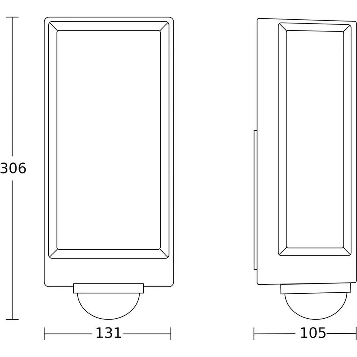 Strichzeichnung der Steinel STEINEL L 42 SC Sensor-LED-Außenleuchte – grau, einer rechteckigen LED-Außenleuchte mit Sensor, die 306 mm hoch, 131 mm breit und 105 mm tief ist. Das Gerät verfügt über Bluetooth-Mesh-Technologie und ist mit einem Infrarotsensor ausgestattet, der für erweiterte Funktionalität sorgt.