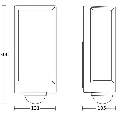 Strichzeichnung der Steinel STEINEL L 42 SC Sensor-LED-Außenleuchte – grau, einer rechteckigen LED-Außenleuchte mit Sensor, die 306 mm hoch, 131 mm breit und 105 mm tief ist. Das Gerät verfügt über Bluetooth-Mesh-Technologie und ist mit einem Infrarotsensor ausgestattet, der für erweiterte Funktionalität sorgt.