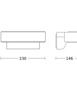 Technische Zeichnung der Steinel STEINEL L 810 SC Sensor-Außenleuchte (silber), eines rechteckigen Objekts, das sich ideal für die Fassadenbeleuchtung eignet und Abmessungen von 91 mm Höhe, 230 mm Breite und 146 mm Tiefe aufweist.