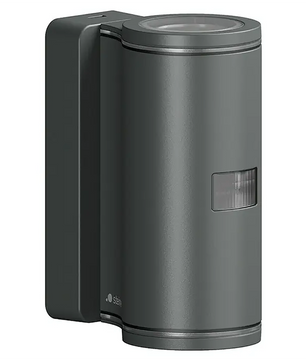 Eine moderne, schwarze Steinel L 940 SC Außenwandleuchte mit integriertem Bewegungsmelder an der Vorderseite – diese elegante LED-Außenleuchte von Steinel eignet sich perfekt für den Außenbereich.