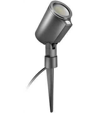 Schwarzer Außenstrahler mit spitz zulaufendem Erdspieß und integriertem Netzkabel, konzipiert für die Bodenmontage – ideal als LED-Bodenstrahler für den Garten oder als smarter Außenstrahler wie der Steinel STEINEL Spot Garden 24V.