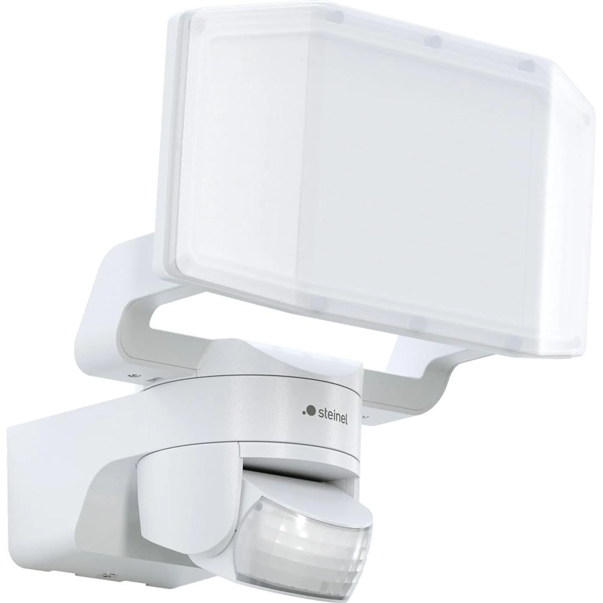Der Steinel XLED Protect S LED-Außenstrahler in Weiß ist eine Wandleuchte für den Außenbereich mit Bewegungsmelder, die für die Sicherheitsbeleuchtung und eine optimale Panorama-Ausleuchtung konzipiert ist.