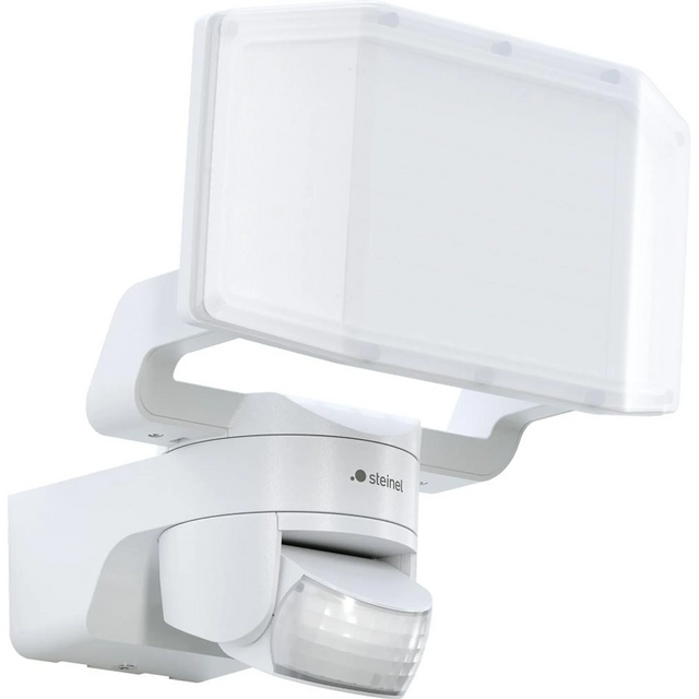 Der Steinel XLED Protect S LED-Außenstrahler in Weiß ist eine Wandleuchte für den Außenbereich mit Bewegungsmelder, die für die Sicherheitsbeleuchtung und eine optimale Panorama-Ausleuchtung konzipiert ist.