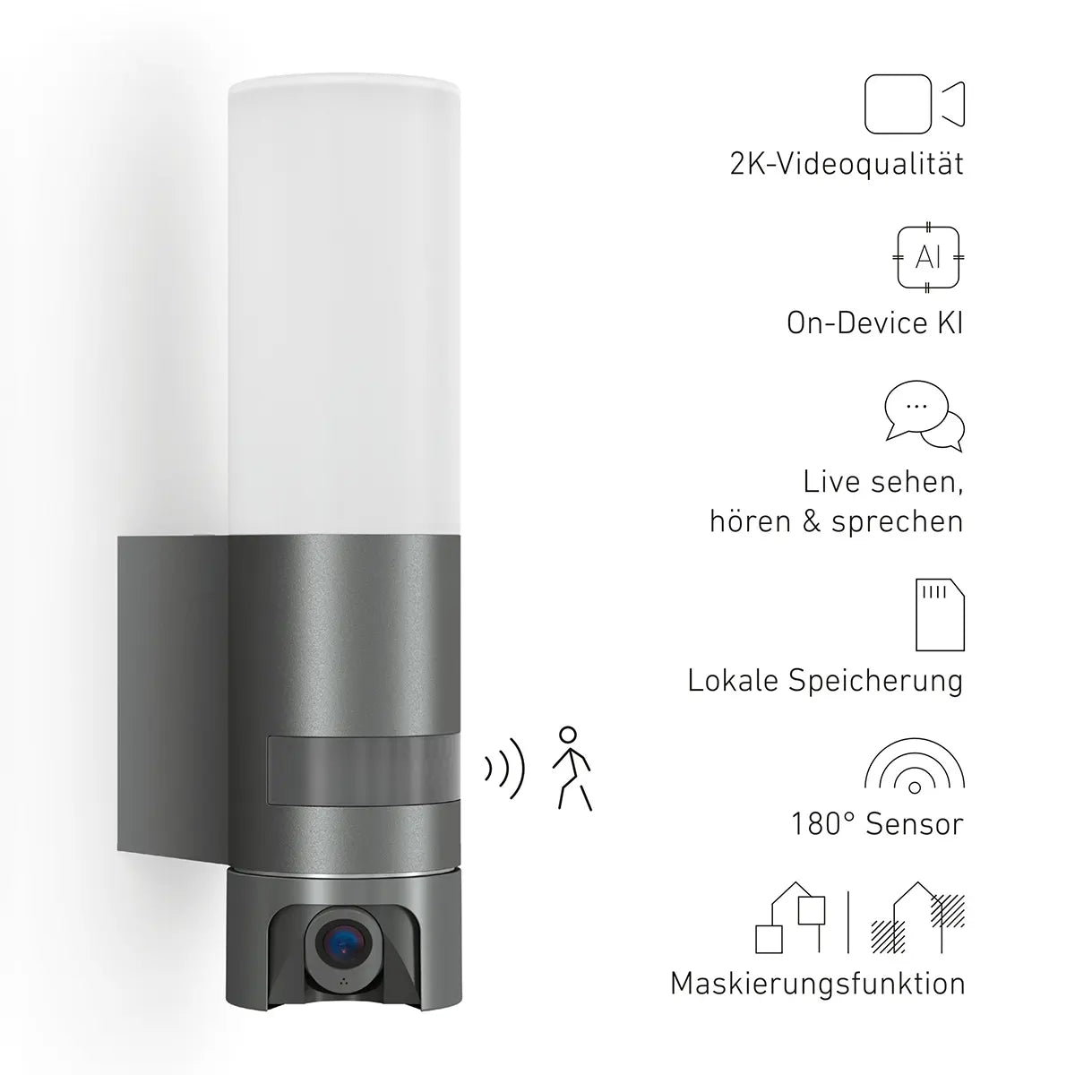 Die STEINEL L 625 CAM SC Außen-Wandleuchte von Steinel in Silber vereint stilvolles Design mit 2K-Überwachungskamera, KI, Audiofunktion, 180°-Bewegungssensor und sorgt so für moderne Sicherheit an Ihrem Zuhause.