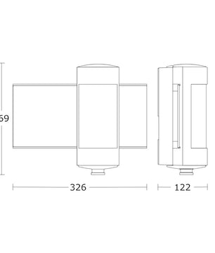 Technische Zeichnung der STEINEL STEINEL L 625 CAM SC Außen-Wandleuchte (silber), ein Wandgerät mit einer Höhe von 269 mm, einer Breite von 326 mm und einer Tiefe von 122 mm.