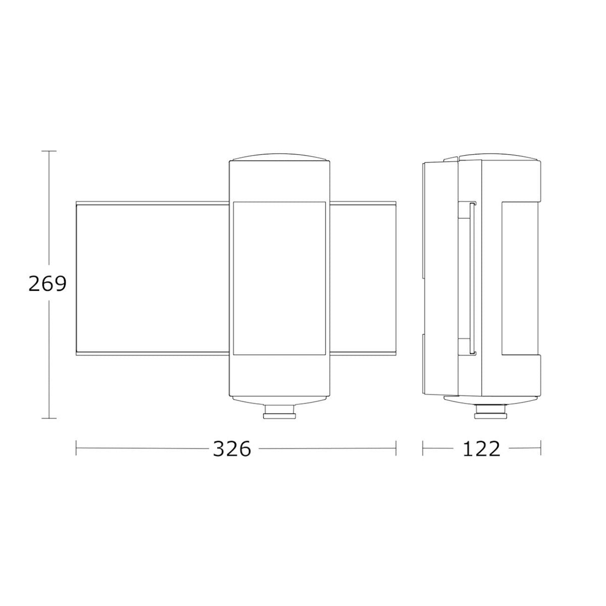 Technische Zeichnung der STEINEL STEINEL L 625 CAM SC Außen-Wandleuchte (silber), ein Wandgerät mit einer Höhe von 269 mm, einer Breite von 326 mm und einer Tiefe von 122 mm.