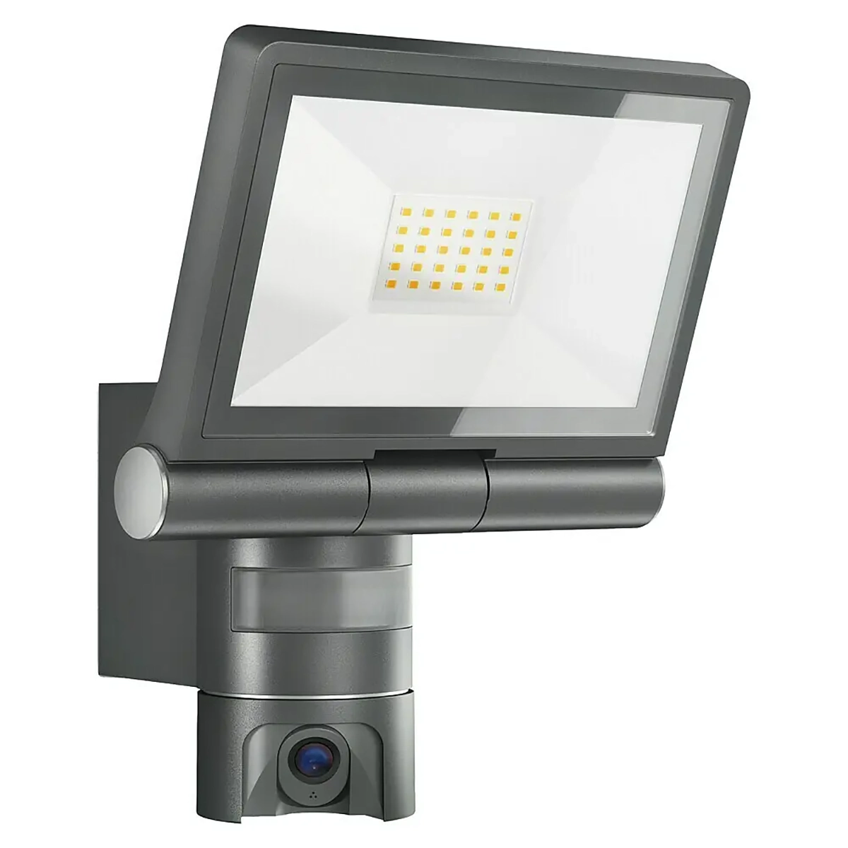 Die STEINEL XLED CAM2 SC Außen-Wandleuchte von Steinel in Schwarz kombiniert LED-Beleuchtung mit integrierter 2K-Kamera für effektive Videoüberwachung, montiert an einer Wandhalterung.