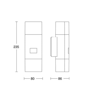 Technische Zeichnung eines rechteckigen Objekts – Steinel L 910 LED-Sensor-Außenleuchte – grau (Marke: Steinel) – mit den Abmessungen: 235 mm hoch, 80 mm breit und 86 mm tief.