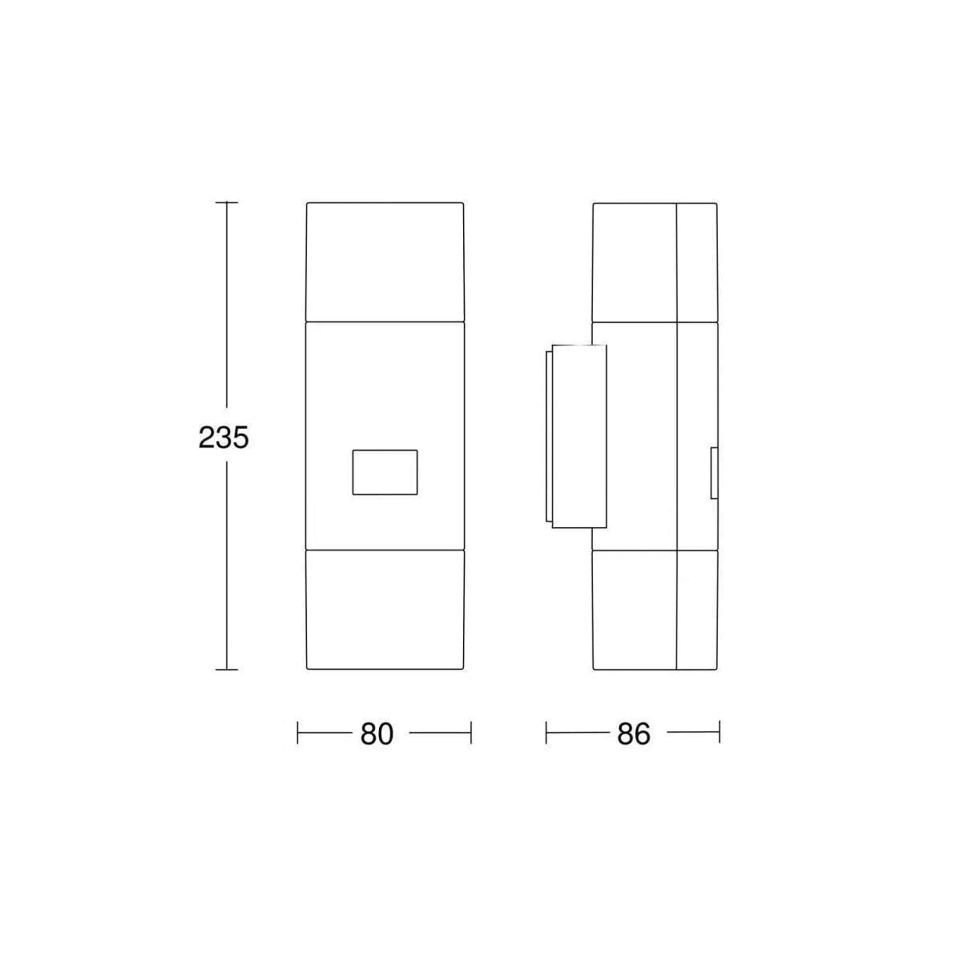 Technische Zeichnung eines rechteckigen Objekts – Steinel L 910 LED-Sensor-Außenleuchte – grau (Marke: Steinel) – mit den Abmessungen: 235 mm hoch, 80 mm breit und 86 mm tief.