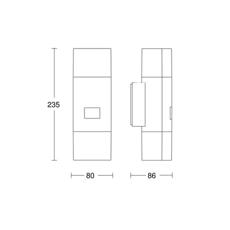 Technische Zeichnung eines rechteckigen Objekts – Steinel L 910 LED-Sensor-Außenleuchte – grau (Marke: Steinel) – mit den Abmessungen: 235 mm hoch, 80 mm breit und 86 mm tief.