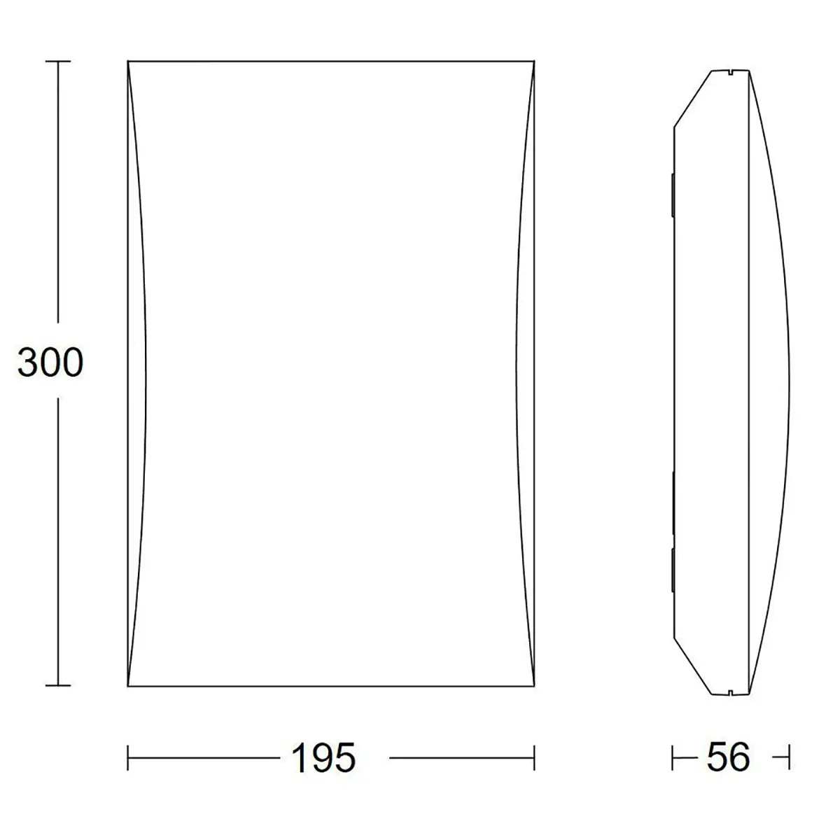 Die STEINEL LN 1 N LED-Außenleuchte – weiß von Steinel ist eine schlichte, rechteckige Leuchte mit den Maßen 300 mm Höhe, 195 mm Breite und 56 mm Tiefe. Wie in der Vorder- und Seitenansicht zu sehen, eignet sie sich ideal als beleuchtete Hausnummer oder als LED-Außenleuchte. Ein optionaler Dämmerungssensor ermöglicht eine automatische Beleuchtung.