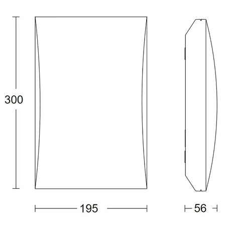 Die STEINEL LN 1 N LED-Außenleuchte – weiß von Steinel ist eine schlichte, rechteckige Leuchte mit den Maßen 300 mm Höhe, 195 mm Breite und 56 mm Tiefe. Wie in der Vorder- und Seitenansicht zu sehen, eignet sie sich ideal als beleuchtete Hausnummer oder als LED-Außenleuchte. Ein optionaler Dämmerungssensor ermöglicht eine automatische Beleuchtung.