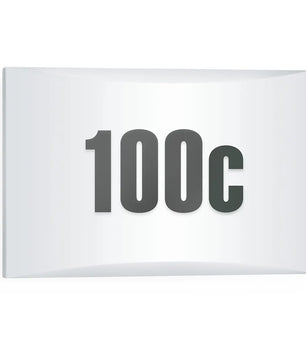 Weiße, rechteckige STEINEL LN 1 N LED-Außenleuchte – weiß von Steinel, mit auffälliger schwarzer „100c“-Beschriftung, die mittig auf einem beleuchteten Hausnummern-Motiv platziert ist und für bessere Sichtbarkeit sorgt. Ideal zur einfachen Erkennung, insbesondere in Kombination mit einem optionalen Dämmerungssensor oder als LED-Außenleuchte für die automatische Beleuchtung bei Einbruch der Dämmerung.