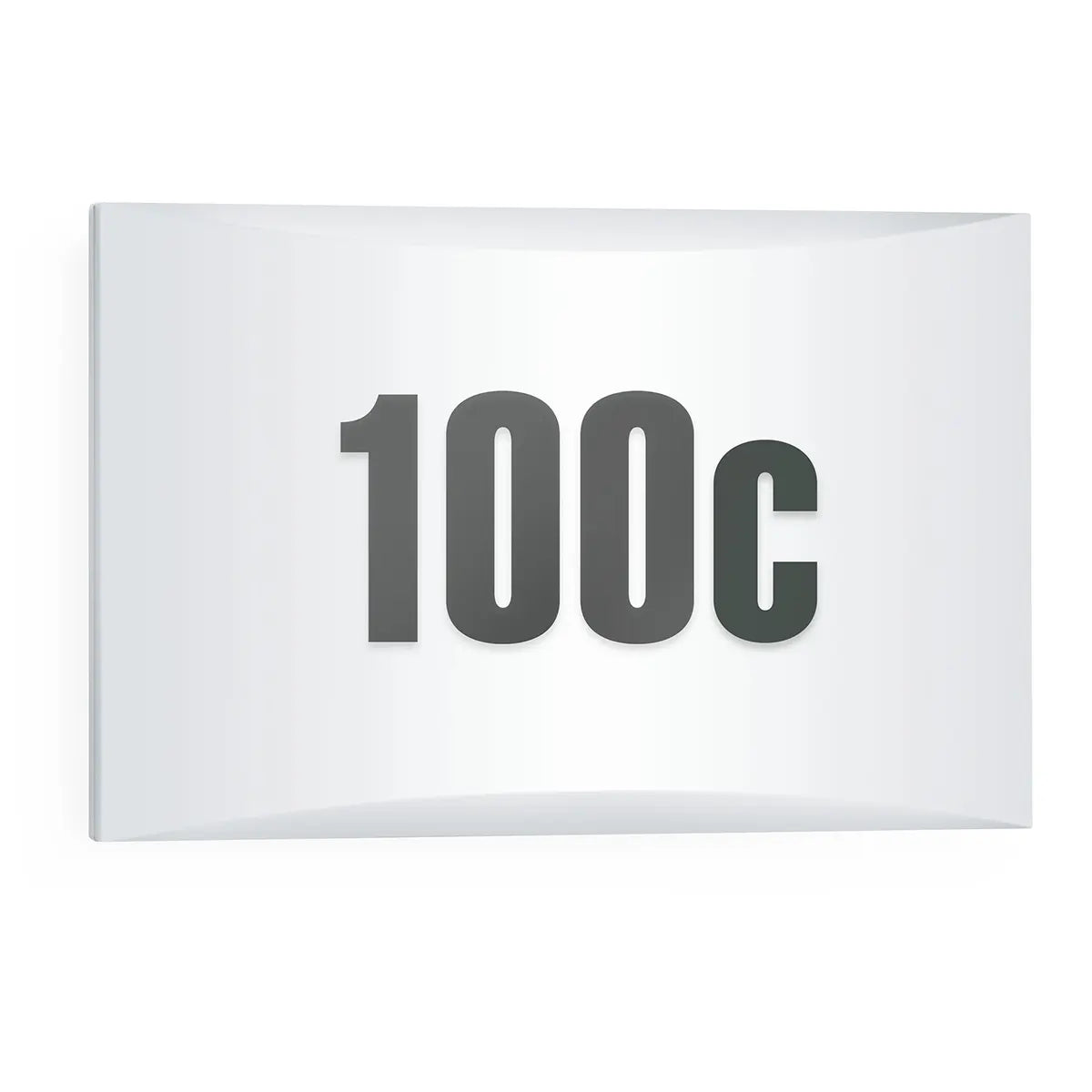 Weiße, rechteckige STEINEL LN 1 N LED-Außenleuchte – weiß von Steinel, mit auffälliger schwarzer „100c“-Beschriftung, die mittig auf einem beleuchteten Hausnummern-Motiv platziert ist und für bessere Sichtbarkeit sorgt. Ideal zur einfachen Erkennung, insbesondere in Kombination mit einem optionalen Dämmerungssensor oder als LED-Außenleuchte für die automatische Beleuchtung bei Einbruch der Dämmerung.
