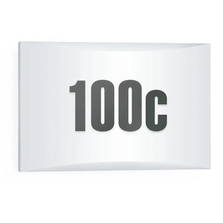 Weiße, rechteckige STEINEL LN 1 N LED-Außenleuchte – weiß von Steinel, mit auffälliger schwarzer „100c“-Beschriftung, die mittig auf einem beleuchteten Hausnummern-Motiv platziert ist und für bessere Sichtbarkeit sorgt. Ideal zur einfachen Erkennung, insbesondere in Kombination mit einem optionalen Dämmerungssensor oder als LED-Außenleuchte für die automatische Beleuchtung bei Einbruch der Dämmerung.