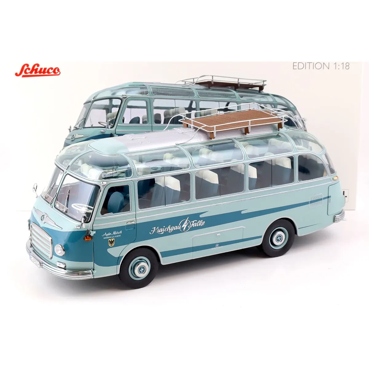 Zwei blaue Schuco 1:18 Setra S6 Reisebus "Kraichgau Falke" von 1956 mit großen Fenstern und Dachgepäckträgern - ideale Sammlerstücke für Liebhaber.