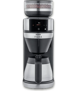 Der Severin Filterkaffee-Vollautomat FILKA KA 4853 überzeugt mit digitalem Display, Edelstahl-Kegelmahlwerk, oberem Bohnenbehälter und Glaskanne für genussvollen Filterkaffee.