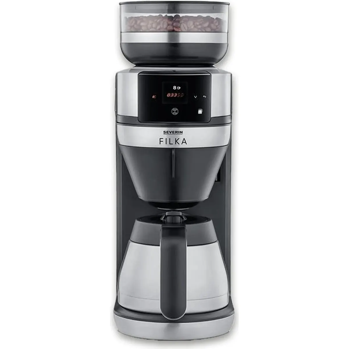 Der Severin Filterkaffee-Vollautomat FILKA KA 4853 überzeugt mit digitalem Display, Edelstahl-Kegelmahlwerk, oberem Bohnenbehälter und Glaskanne für genussvollen Filterkaffee.