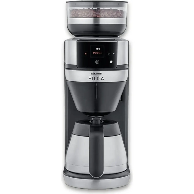 Der Severin Filterkaffee-Vollautomat FILKA KA 4853 überzeugt mit digitalem Display, Edelstahl-Kegelmahlwerk, oberem Bohnenbehälter und Glaskanne für genussvollen Filterkaffee.