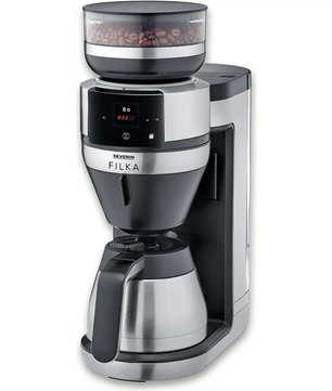 Der Severin Filterkaffee-Vollautomat FILKA KA 4853 in Silber und Schwarz verfügt über eine Digitalanzeige, Bohnenbehälter, Edelstahl-Kegelmahlwerk und eine Edelstahl-Karaffe - ideal für stets frischen Filterkaffee.