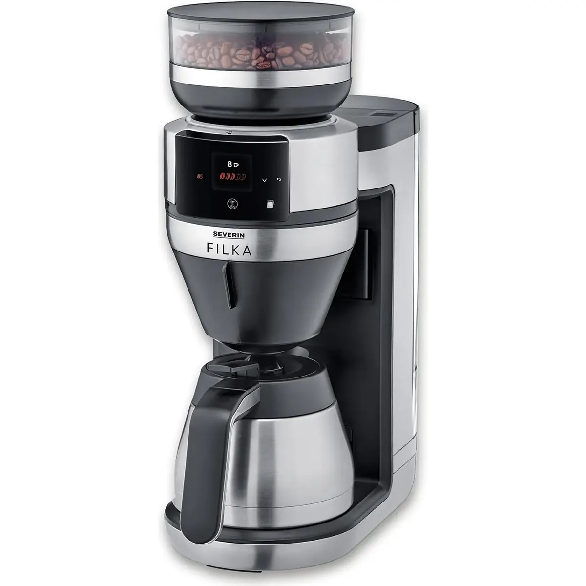 Der Severin Filterkaffee-Vollautomat FILKA KA 4853 in Silber und Schwarz verfügt über eine Digitalanzeige, Bohnenbehälter, Edelstahl-Kegelmahlwerk und eine Edelstahl-Karaffe - ideal für stets frischen Filterkaffee.