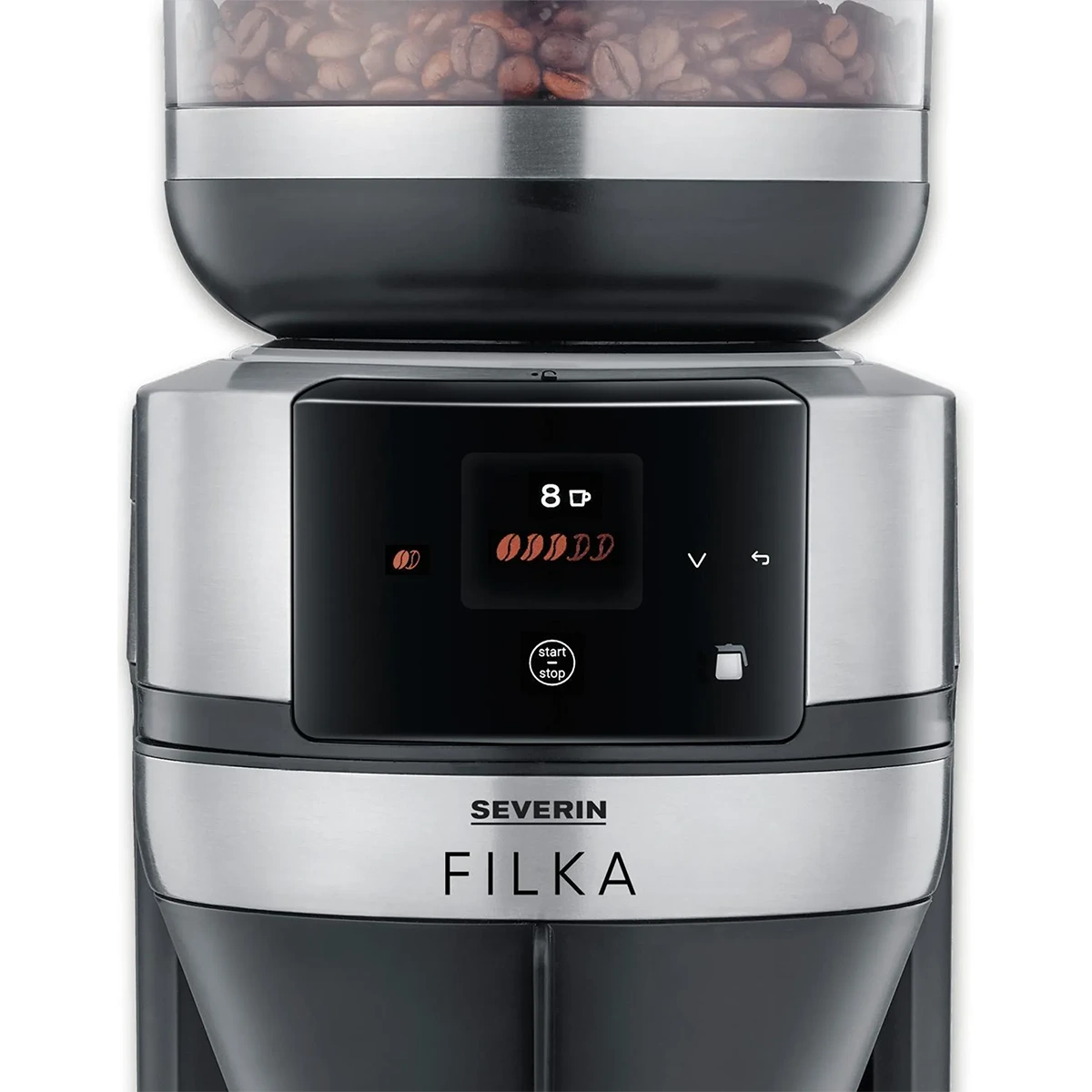 Nahaufnahme des Severin Filterkaffee-Vollautomaten FILKA KA 4853 mit Kaffeebohnen im oberen Fach und einem Edelstahl-Kegelmahlwerk für perfekten Filterkaffee.