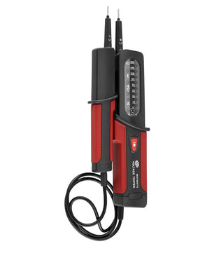 Der REV Ritter Spannungsprüfer – rot von REV-Ritter ist ein rot-schwarzer Spannungsprüfer mit Messleitungen, einer Digitalanzeige und einem spiralförmigen Anschlusskabel – ideal zur Überprüfung elektrischer Stromkreise im Bereich von 6 bis 690 V.
