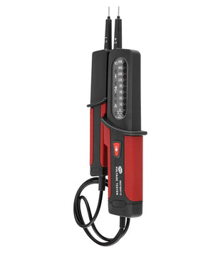 Ein REV-Ritter-Spannungsprüfer – rot – mit roten und schwarzen Griffen, einem Display und einem schwarzen Kabel – ideal zum Prüfen von Stromkreisen im Bereich von 6 bis 690 V.