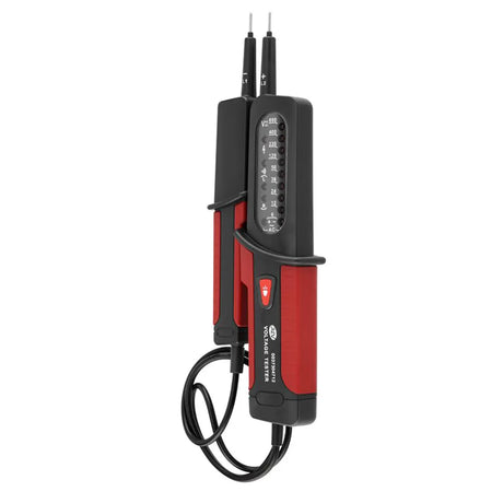 Ein REV-Ritter-Spannungsprüfer – rot – mit roten und schwarzen Griffen, einem Display und einem schwarzen Kabel – ideal zum Prüfen von Stromkreisen im Bereich von 6 bis 690 V.
