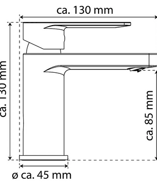 Strichzeichnung der Camargue Cadiz Waschtischarmatur in Silber von Camargue; 130mm hoch und lang, Ausgusshöhe 85mm, Sockeldurchmesser ca. 45mm.