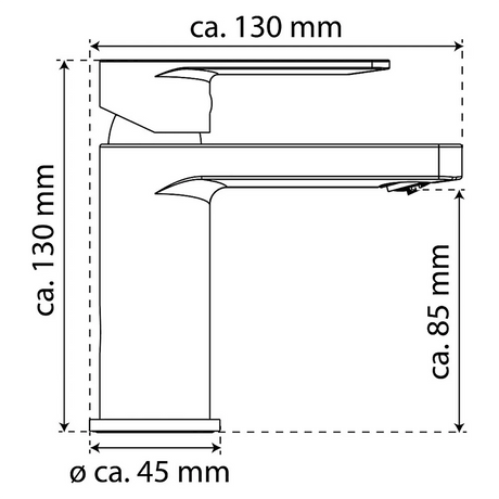Strichzeichnung der Camargue Cadiz Waschtischarmatur in Silber von Camargue; 130mm hoch und lang, Ausgusshöhe 85mm, Sockeldurchmesser ca. 45mm.