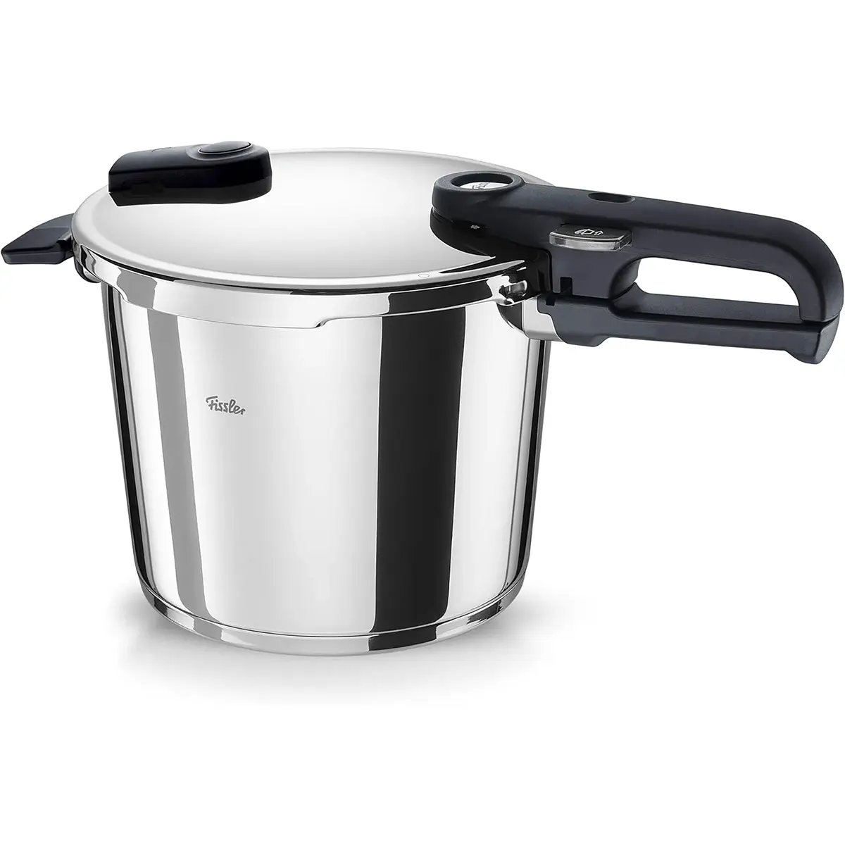 Das 2-teilige Fissler Vitaquick Premium Schnellkochtopf-Set aus Edelstahl mit schwarzem Kunststoffgriff und Deckel - perfekt für energieeffizientes Kochen.
