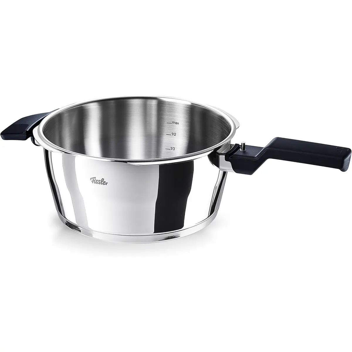 Das Fissler Vitaquick Premium Schnellkochtopf-Set, 2-teilig, aus Edelstahl mit schwarzen Griffen und Innenskalierung ist ideal für energiesparendes Kochen.