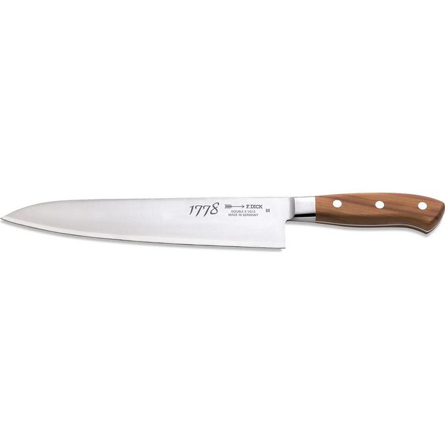 Das Friedr.Dick 1778 Kochmesser 24 cm - braun verfügt über Dreilagen-Sandwichstahl, eine Klinge aus rostfreiem Stahl und einen braunen Holzgriff mit drei Nieten für Haltbarkeit und Präzision.