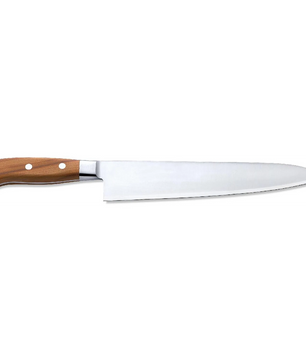 Das Friedr.Dick 1778 Kochmesser 24 cm - braun ist ein Kochmesser aus rostfreiem Stahl mit einem Holzgriff und drei Nieten, hergestellt aus Dreilagen-Sandwichstahl, isoliert auf weißem Hintergrund dargestellt.