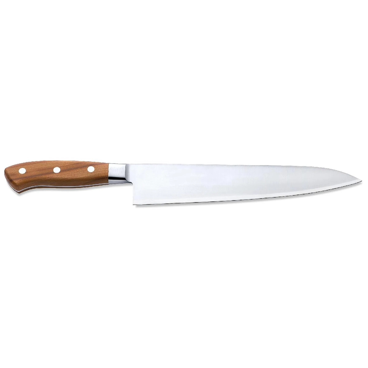 Das Friedr.Dick 1778 Kochmesser 24 cm - braun ist ein Kochmesser aus rostfreiem Stahl mit einem Holzgriff und drei Nieten, hergestellt aus Dreilagen-Sandwichstahl, isoliert auf weißem Hintergrund dargestellt.