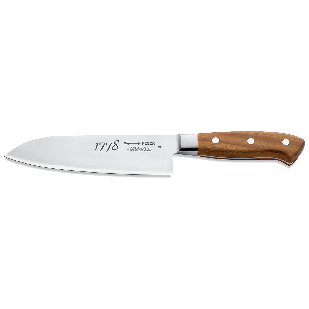 Das Santokumesser „DICK 1778“ von Friedr. Dick in Braun hat einen Holzgriff mit drei Metallnieten und trägt die Aufschrift „1778“ auf der Klinge.
