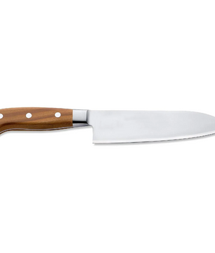 Das Santokumesser „DICK 1778“ von Friedr. Dick in Braun verfügt über einen Holzgriff und eine breite Klinge aus rostfreiem Double-X-VG12-Kohlenstoffstahl, abgebildet auf weißem Hintergrund.