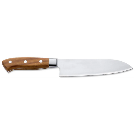 Das Santokumesser „DICK 1778“ von Friedr. Dick in Braun verfügt über einen Holzgriff und eine breite Klinge aus rostfreiem Double-X-VG12-Kohlenstoffstahl, abgebildet auf weißem Hintergrund.