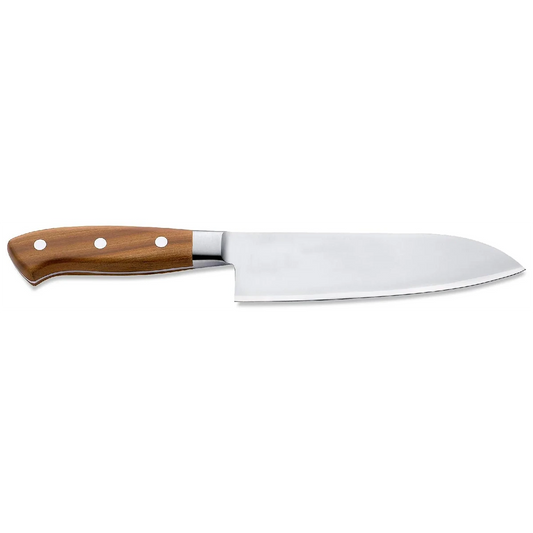 Das Santokumesser „DICK 1778“ von Friedr. Dick in Braun verfügt über einen Holzgriff und eine breite Klinge aus rostfreiem Double-X-VG12-Kohlenstoffstahl, abgebildet auf weißem Hintergrund.