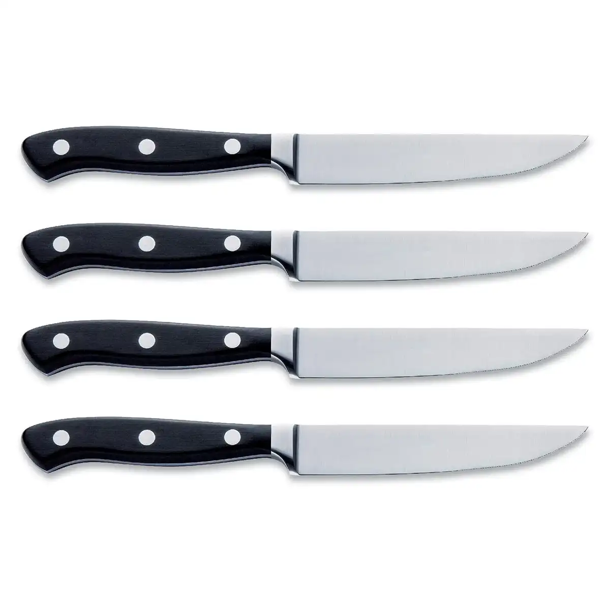 Vier „Friedr.Dick Premier Plus“-Steakmesser mit schwarzen Griffen und silbernen Klingen aus dem „F. DICK Premier Plus Steakmesser-Set – schwarz“ sind horizontal in einer Reihe auf weißem Hintergrund angeordnet.