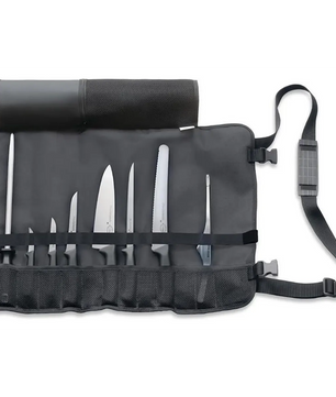Eine schwarze Friedr.Dick ProDynamic Messer-Set 8 tlg - schwarz Messerrolle ist geöffnet, mit verschiedenen Küchenmessern im Inneren, mit einem angebrachten Tragegurt.