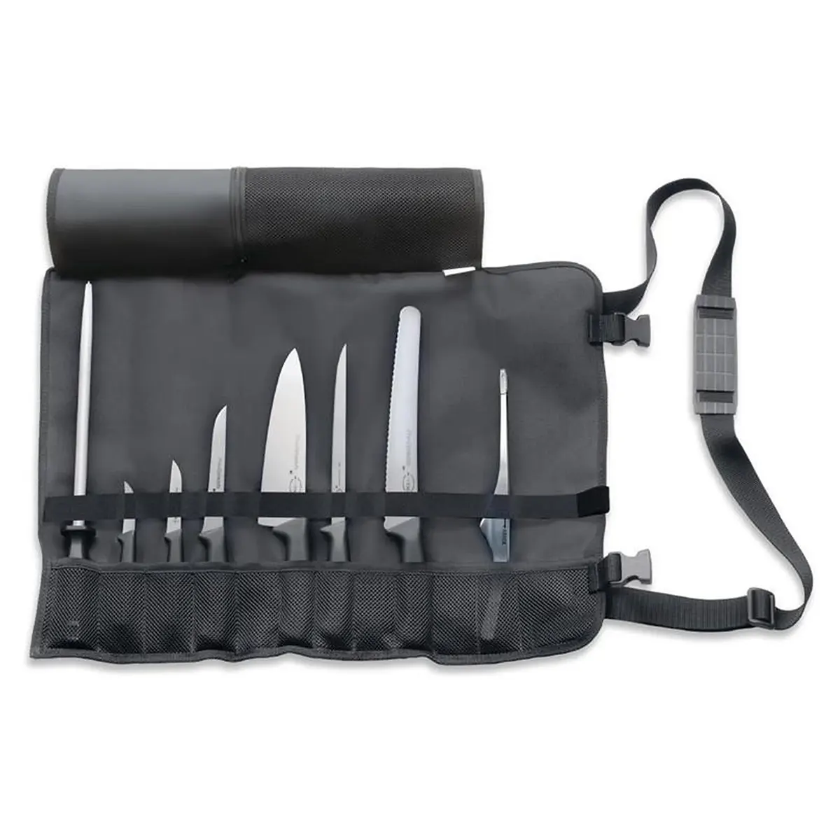 Eine schwarze Friedr.Dick ProDynamic Messer-Set 8 tlg - schwarz Messerrolle ist geöffnet, mit verschiedenen Küchenmessern im Inneren, mit einem angebrachten Tragegurt.