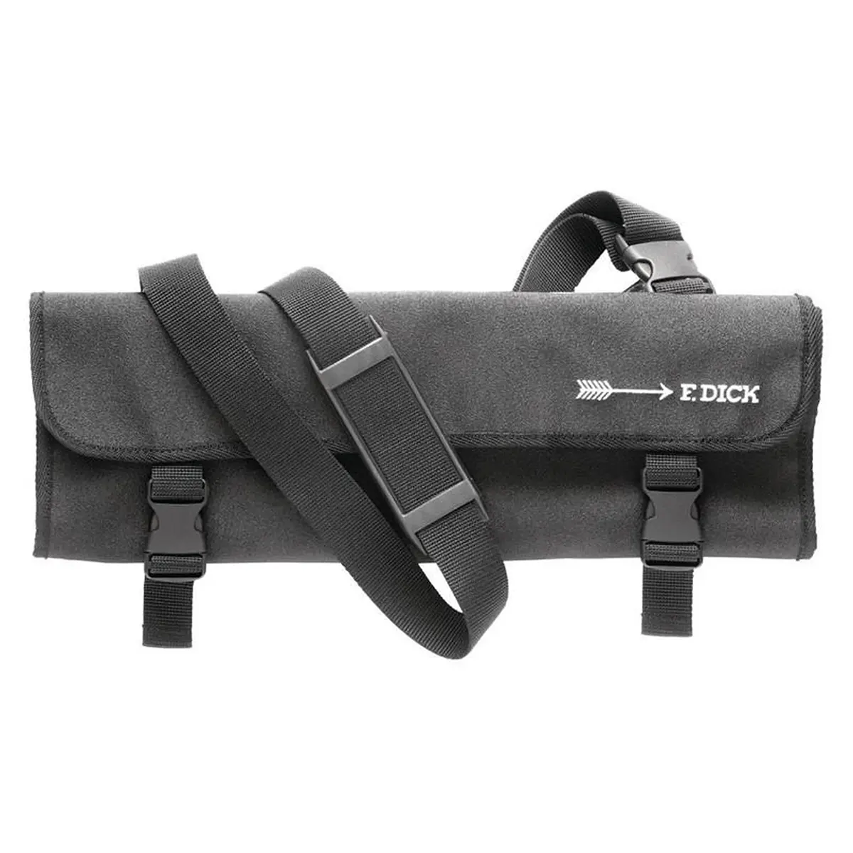 Eine schwarze Friedr.Dick Messerrolltasche mit Schultergurt, ideal für Ihr Friedr.Dick ProDynamic Messer-Set 8 tlg - schwarz, mit Friedr.Dick Logo.