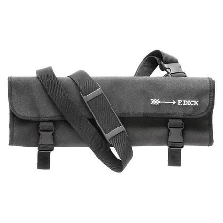 Eine schwarze Friedr.Dick Messerrolltasche mit Schultergurt, ideal für Ihr Friedr.Dick ProDynamic Messer-Set 8 tlg - schwarz, mit Friedr.Dick Logo.