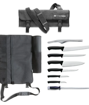 Das Friedr.Dick ProDynamic Messer-Set 8 tlg - schwarz enthält eine schwarze Messerrollentasche, acht ProDynamic-Messer und einen Abziehstab - ideal zum Organisieren Ihres Friedr.Dick Profi-Messersets. Abgebildet auf weißem Hintergrund.